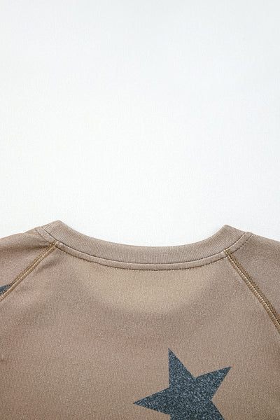 Khaki Retro Star Print Long Sleeve Pullover Drawstring Wide Leg Pajama Set