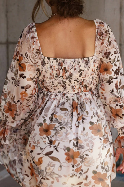 White Floral Print Sweetheart Neck High Waist Mini Dress