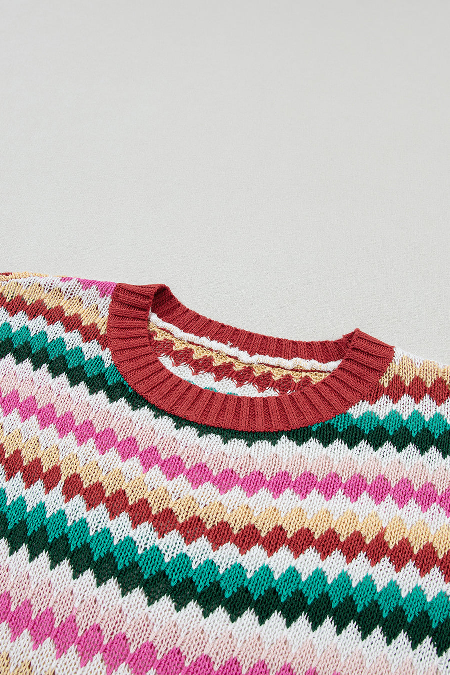 Red Multi Striped Diamond Pattern Short Sleeve Knit Sweater