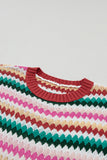 Red Multi Striped Diamond Pattern Short Sleeve Knit Sweater