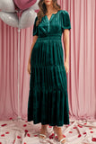 Velvet Puff Short Sleeve Smocked Waist Tiered Maxi Dress with Pockets- 3 Colors