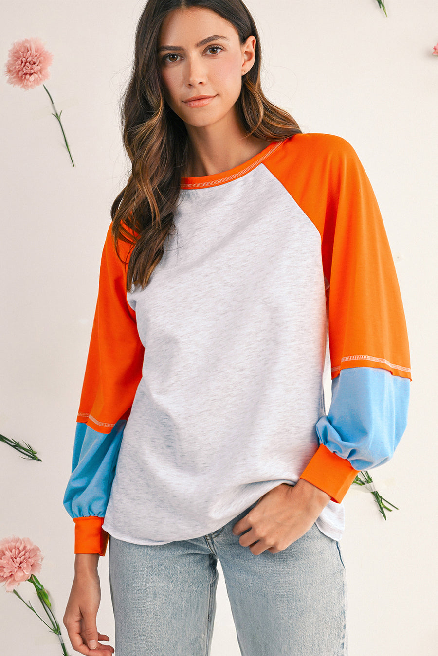 Light Grey Colorblock Raglan Sleeve Loose Fit Top
