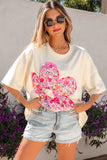 Pink Floral Patched Exposed Seam Oversized T-Shirt- 2 Colors