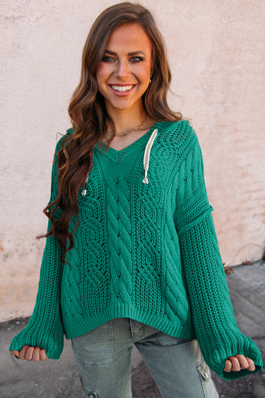 Green Cable Knit V-Neck Contrast Drawstring Hooded Sweater