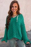 Green Cable Knit V-Neck Contrast Drawstring Hooded Sweater
