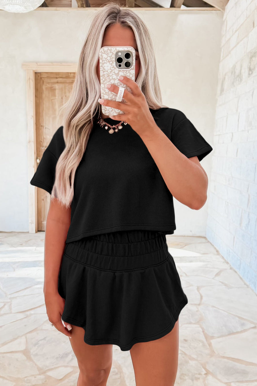 Cropped Tee and Curved Hem High Waist Skort Set- 2 Colors