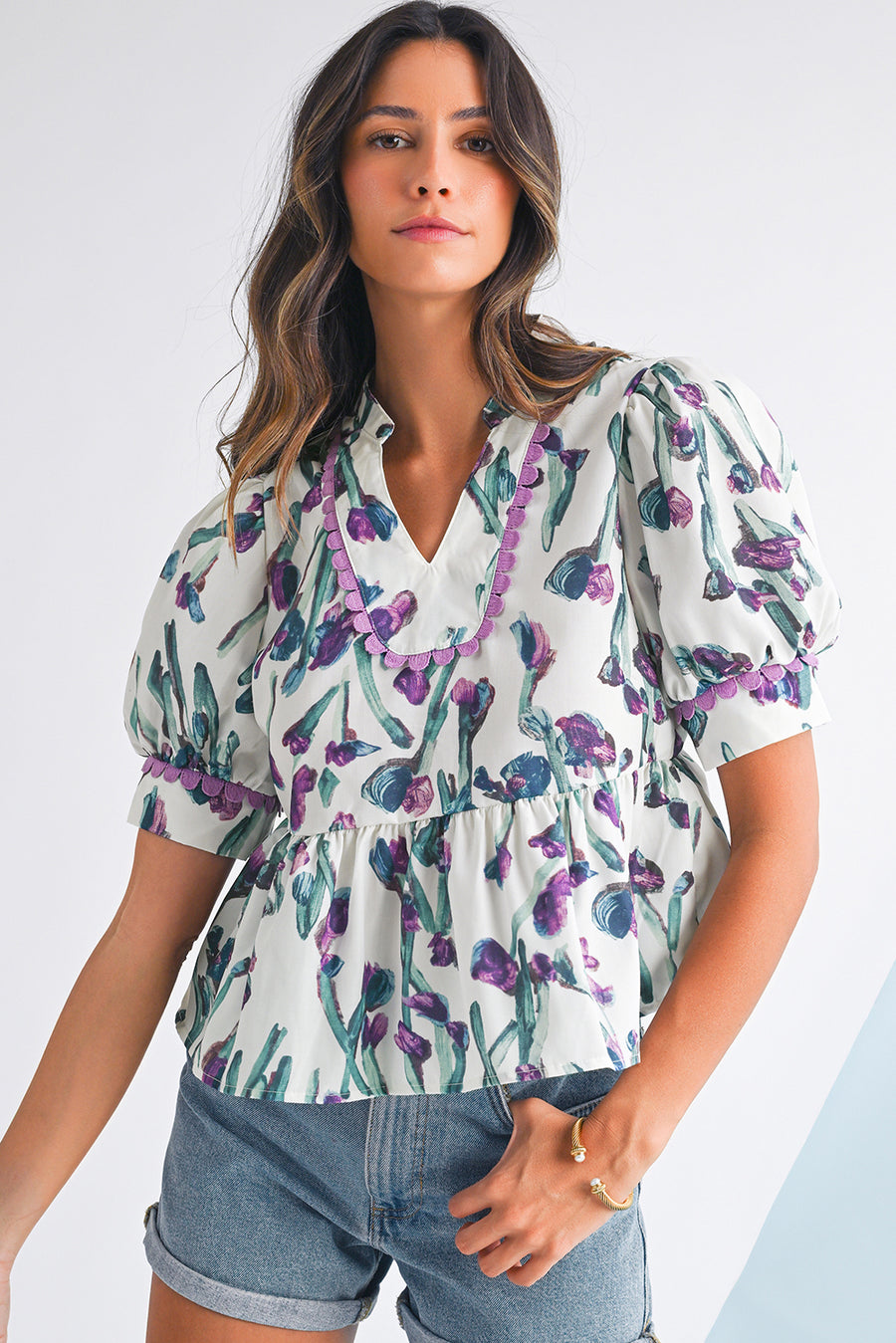 Purple Floral Ricrac Trim Short Puff Sleeve Peplum Blouse