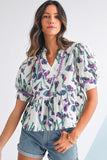 Purple Floral Ricrac Trim Short Puff Sleeve Peplum Blouse