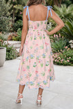 Floral Contrast Trim Tie Strap Midi Dress B