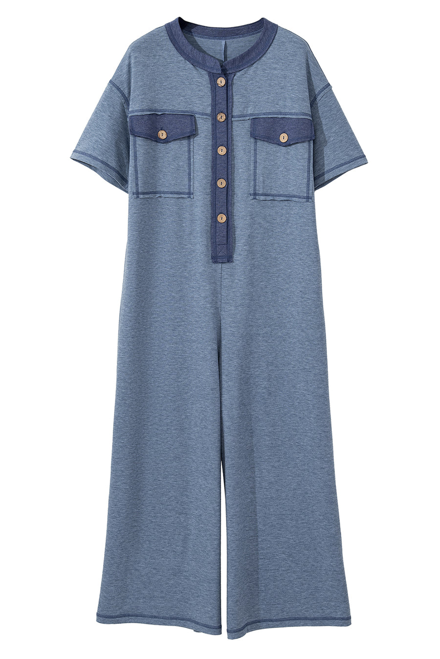Button-Up Patchwork Pocket Short Sleeve Jumpsuit
