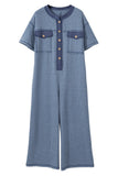 Button-Up Patchwork Pocket Short Sleeve Jumpsuit