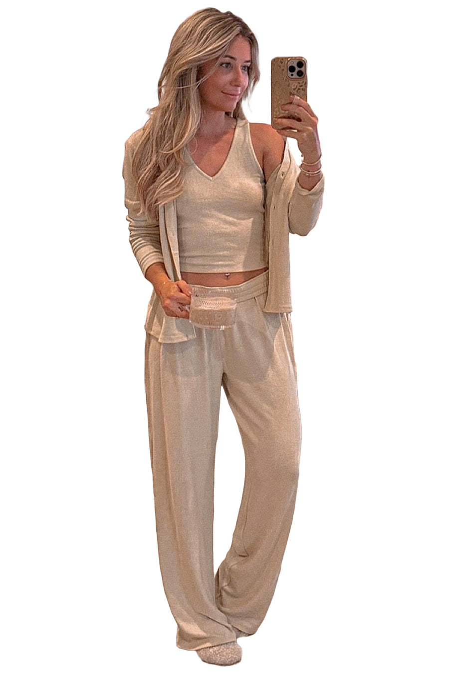 Oatmeal V-Neck Vest, Button-Up Cardigan, and Pants Pajama Set