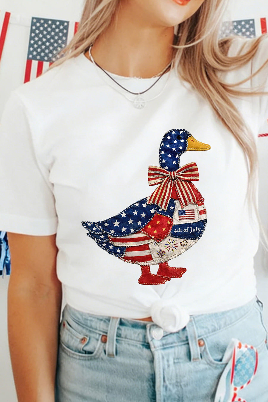 White Faux Patchwork American Print Goose Graphic T-Shirt