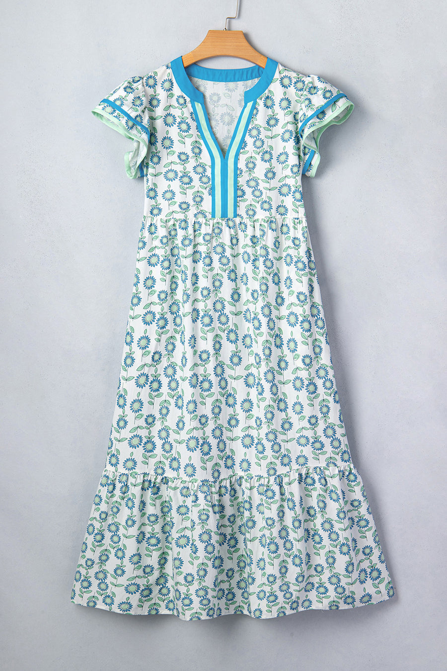 Red Cute Sunflower Printed Striped Patchwork Trim Flutter Sleeve Long Dress