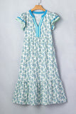 Red Cute Sunflower Printed Striped Patchwork Trim Flutter Sleeve Long Dress