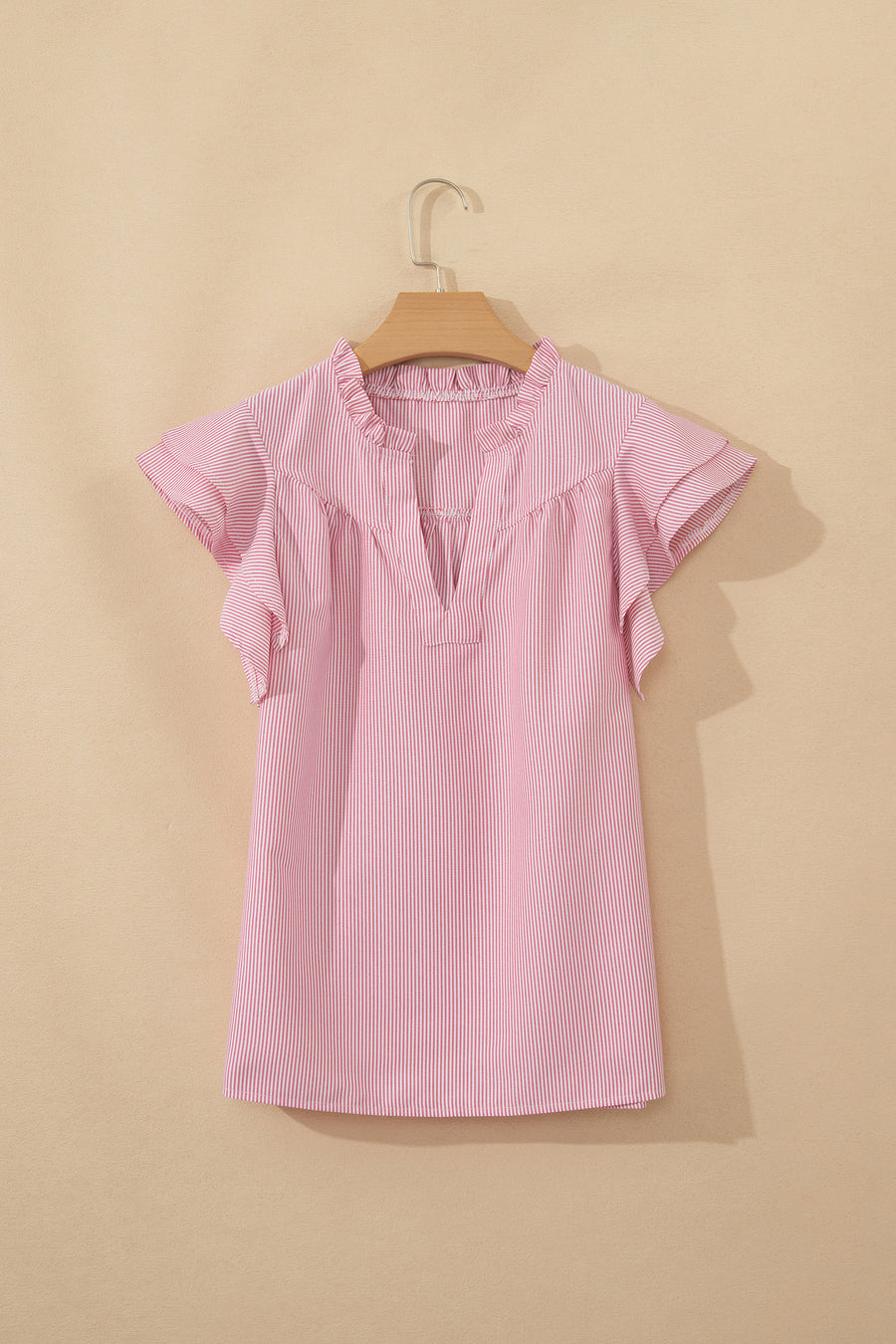 Red Striped Frilled V-Neck Double Ruffled Short Sleeve Blouse