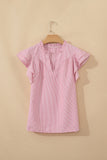 Red Striped Frilled V-Neck Double Ruffled Short Sleeve Blouse