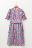 Pink Bohemian Floral Shirred Short Sleeve Belted Midi Dress