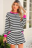 Striped Contrast Trim Long Sleeve Top and Shorts Set- 2 Colors