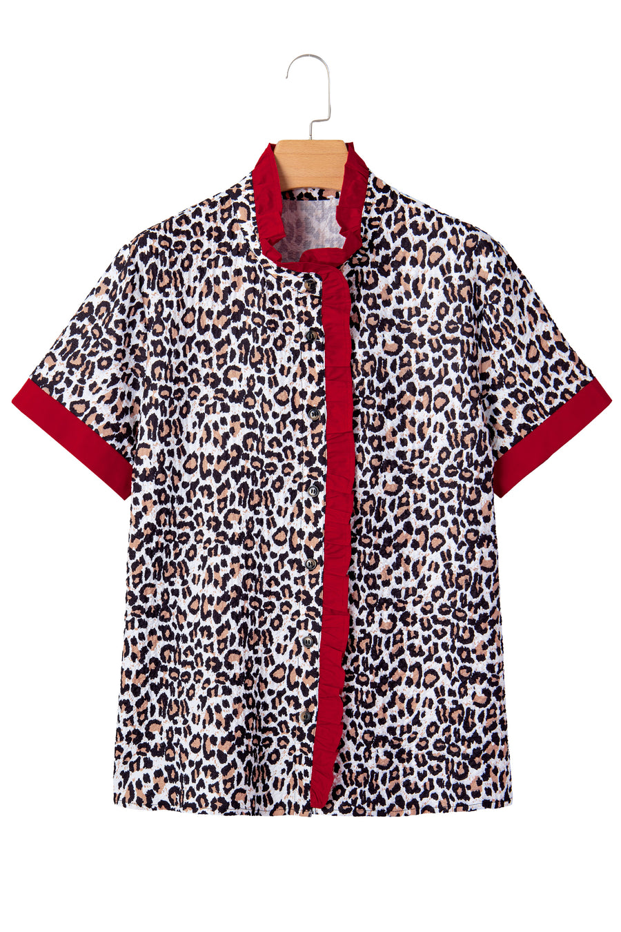 Leopard Print Contrast Frilled V-Neck Button-Up Blouse