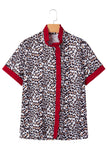 Leopard Print Contrast Frilled V-Neck Button-Up Blouse