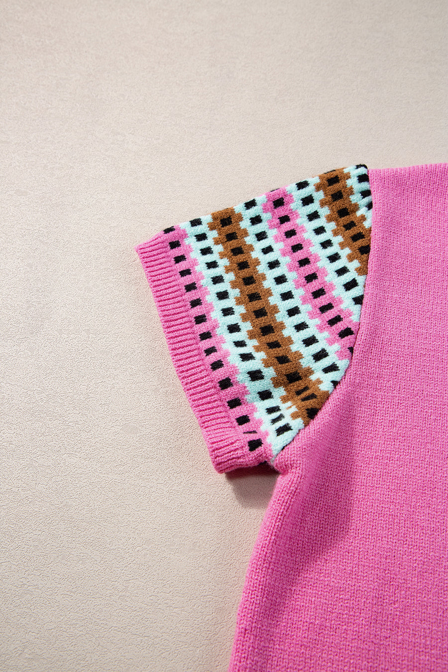 Bright Pink Square Stripes Crew Neck Short Sleeve Sweater