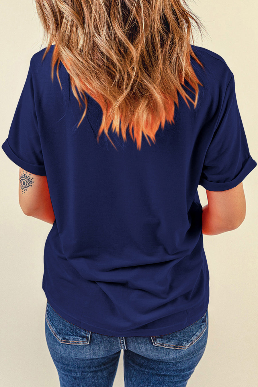 Navy Blue Faux Patchwork American Bow Graphic T-Shirt