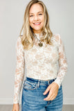 White Sheer Lace Mesh Slim Fit Long Sleeve Top