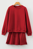 Solid Color Drop Shoulder Sweatshirt & Drawstring Mini Skirt Set- 2 Colors