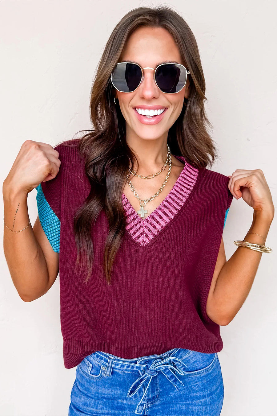 Burgundy Contrast Trim V-Neck Short Sleeve Loose Sweater