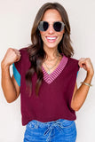 Burgundy Contrast Trim V-Neck Short Sleeve Loose Sweater