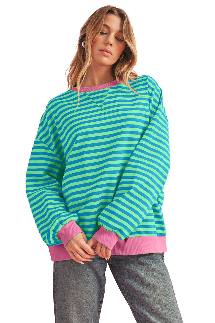 Striped Contrast Trim Oversized Sweatshirt- 4 Colors