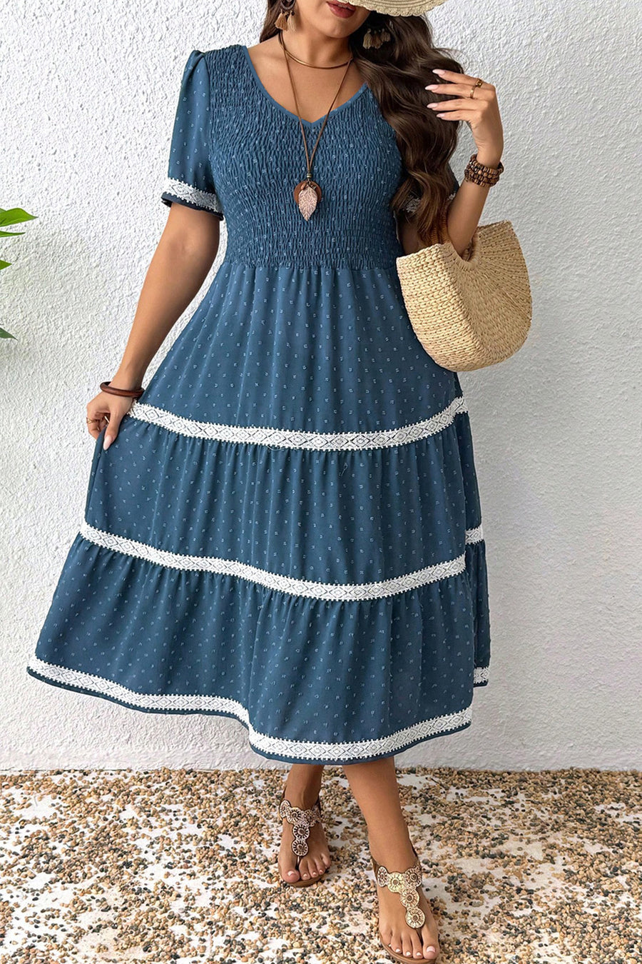 Plus Size Slate Blue V-Neck Swiss Dot Lace Detail Flared Midi Dress with Pockets