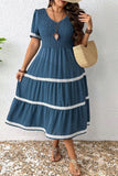 Plus Size Slate Blue V-Neck Swiss Dot Lace Detail Flared Midi Dress with Pockets
