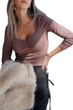 Burgundy Ruched Sweetheart Neck Ribbed Long Sleeve Top