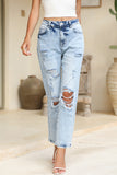 Light Wash Frayed Slim Fit High-Waist Jeans