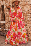 Fuchsia Multi Floral Shirred Long Sleeve Flowy Maxi Dress with Pockets