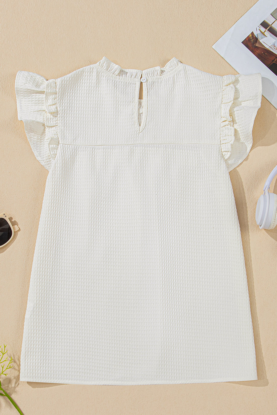 White Ruffle Trim Waffle Textured Short Sleeve Blouse