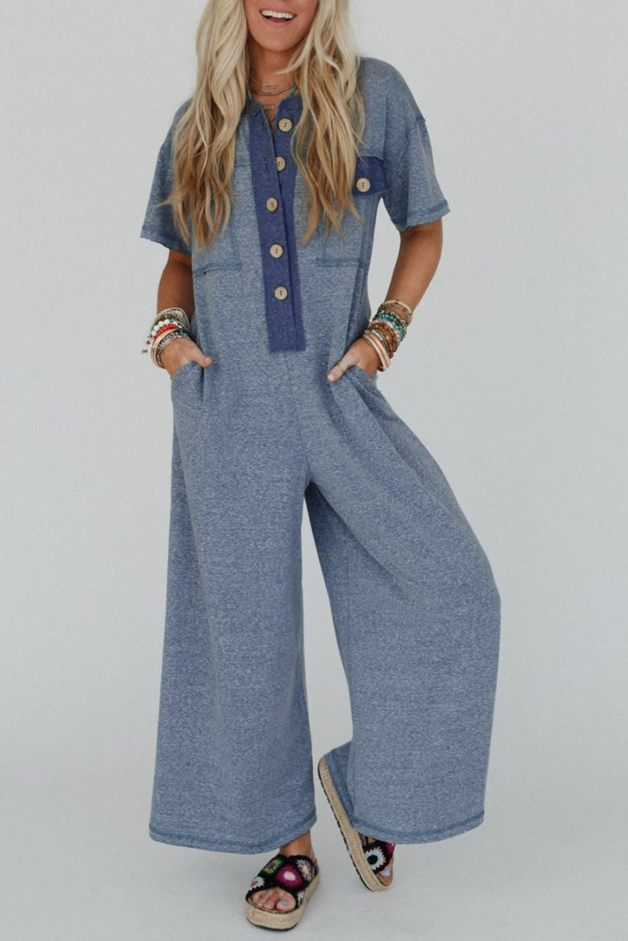 Button-Up Patchwork Pocket Short Sleeve Jumpsuit