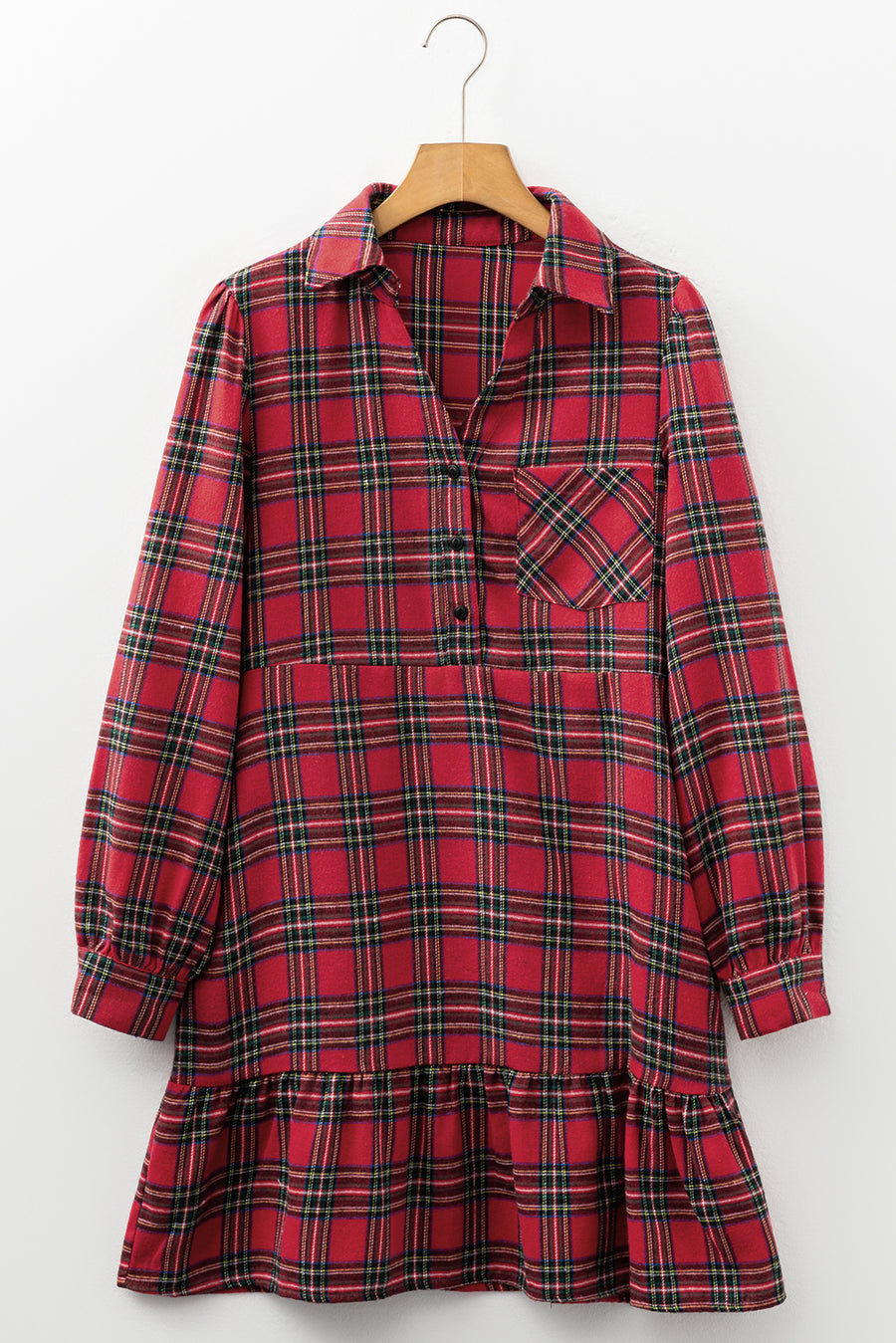 Red Plaid Shirt Collared Quarter Button-Up Ruffled Hem Long Sleeve Mini Dress