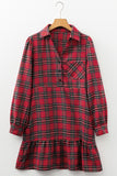 Red Plaid Shirt Collared Quarter Button-Up Ruffled Hem Long Sleeve Mini Dress