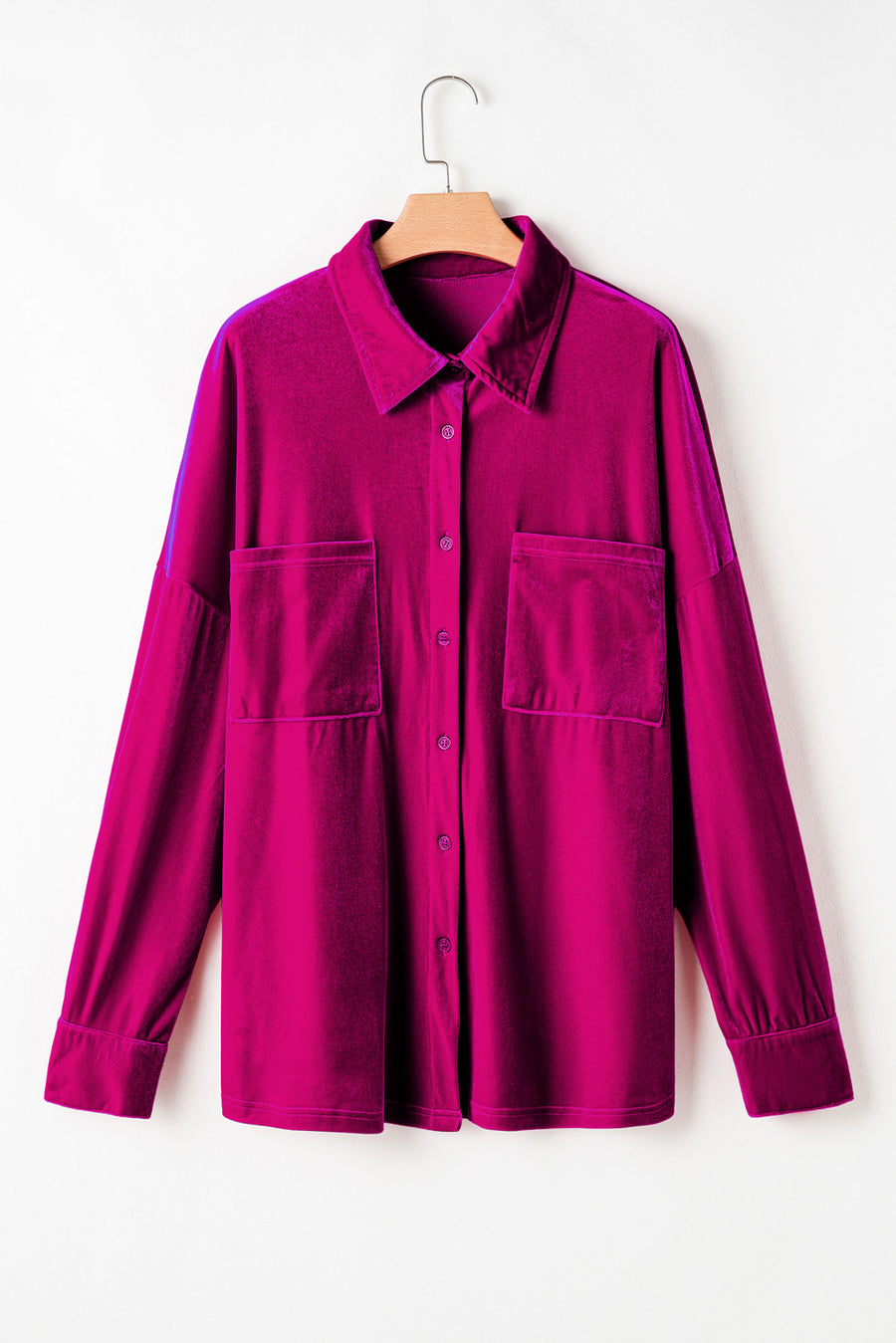 Plus Size Bright Pink Velvet Chest Pocket Drop Shoulder Shirt