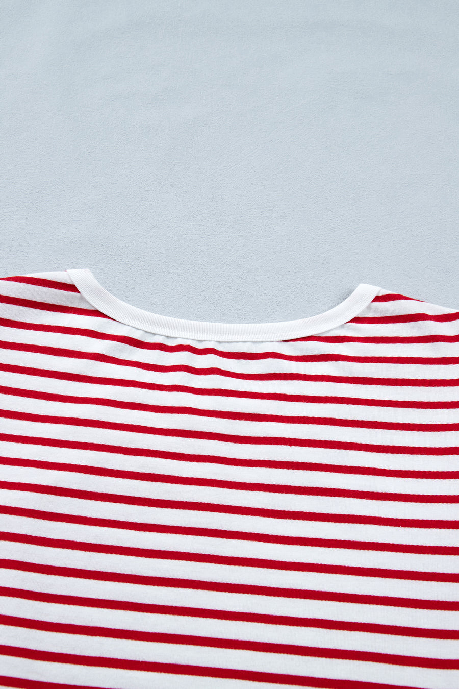 Red Striped Contrast Trim Crew Neck Short Puff Sleeve T-Shirt