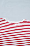 Red Striped Contrast Trim Crew Neck Short Puff Sleeve T-Shirt
