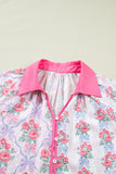 Bright Pink Bow Bouquets Collared Ruffled Short Sleeve Button-Up Blouse