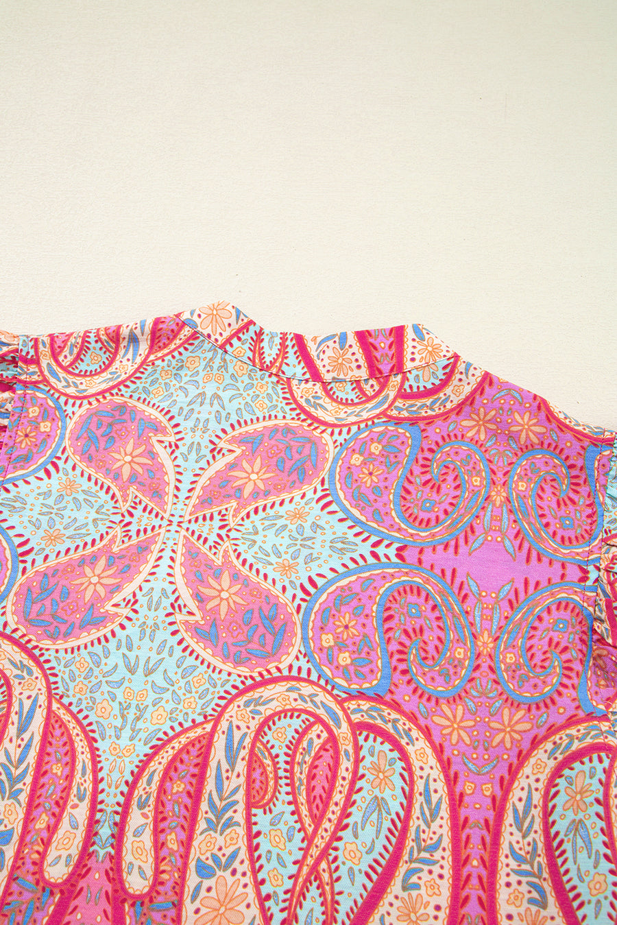 Pink Multi Floral Paisley Ruffle Sleeve Notch Neck Midi Dress