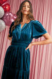 Velvet Puff Short Sleeve Smocked Waist Tiered Maxi Dress with Pockets- 3 Colors