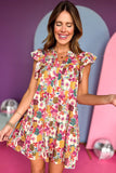 Multicolored Floral Notched Neck Ruffle Mini Dress