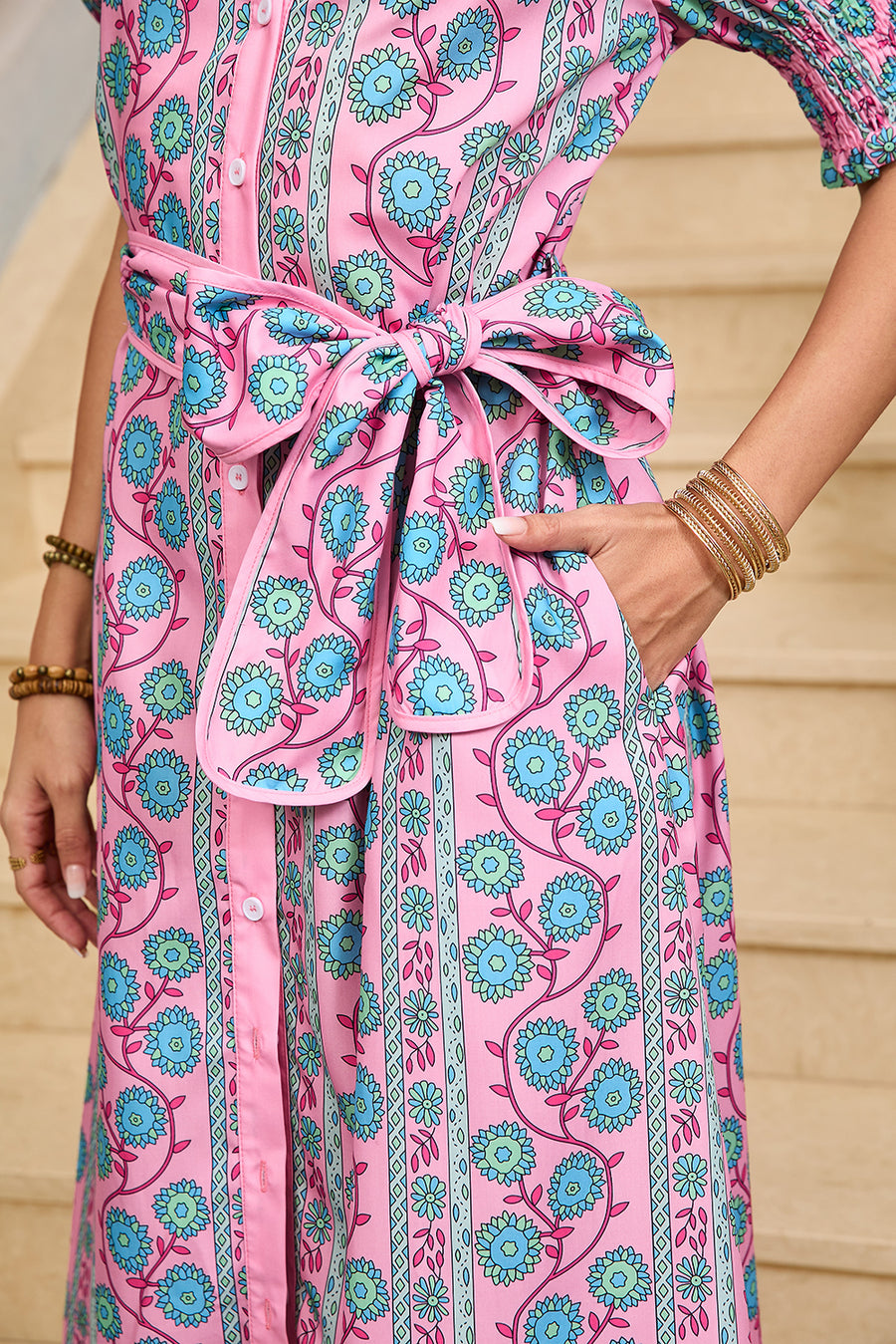 Pink Bohemian Floral Shirred Short Sleeve Belted Midi Dress