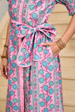 Pink Bohemian Floral Shirred Short Sleeve Belted Midi Dress
